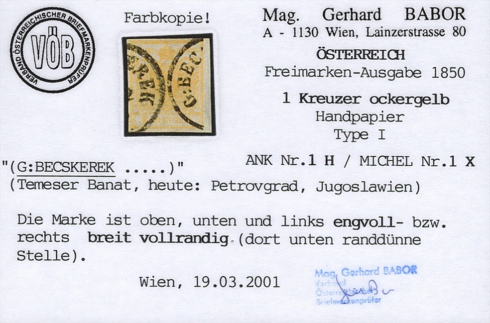 Österreich 1850 1 Kreuzer FB Nr. 1 "ockergelb" HP Type I gestempelt BECSKEREK – Bild 2