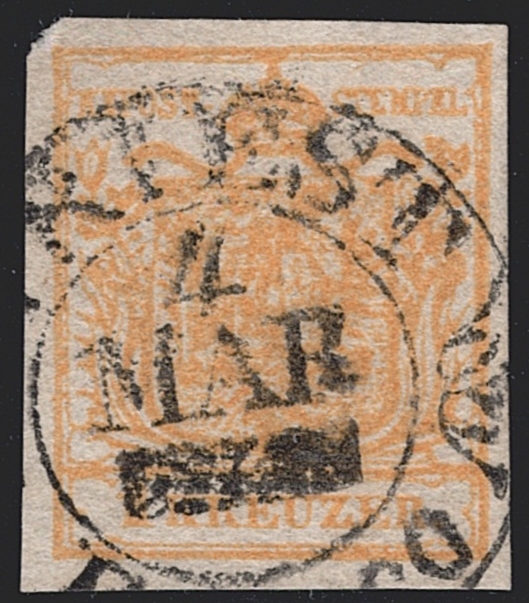 Österreich 1850 1 Kreuzer FB Nr. 1 "ockergelb" HP Type Ib mit doppelseitigem Druck - gestempelt TRIEST