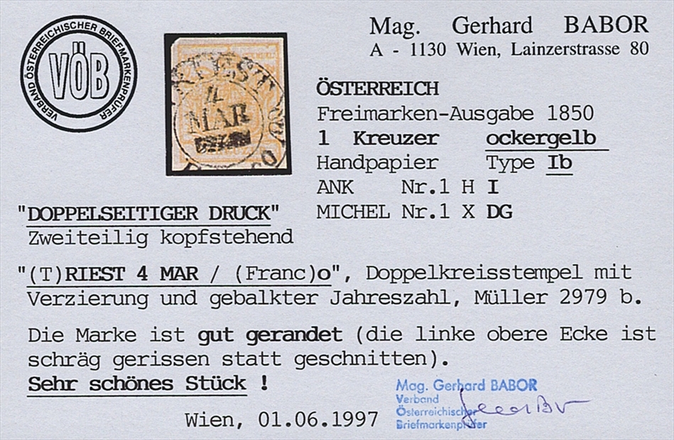 Österreich 1850 1 Kreuzer FB Nr. 1 "ockergelb" HP Type Ib mit doppelseitigem Druck - gestempelt TRIEST – Bild 2