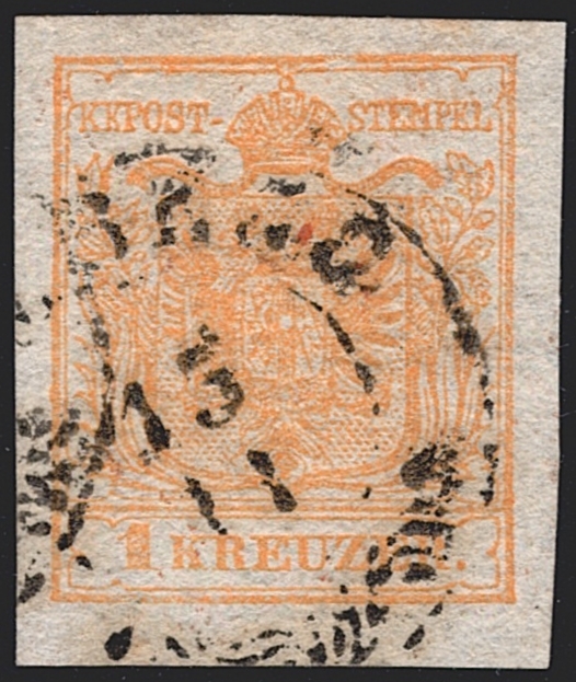 Österreich 1850 1 Kreuzer FB Nr. 1 "zartorange" HP Type III gestempelt (...)BERG