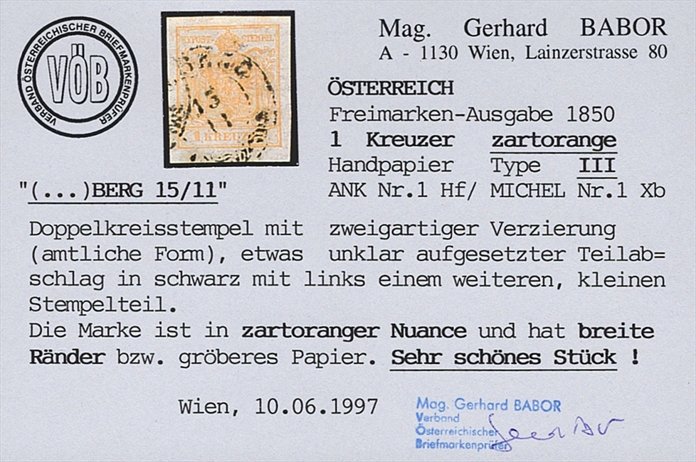 Österreich 1850 1 Kreuzer FB Nr. 1 "zartorange" HP Type III gestempelt (...)BERG – Bild 2