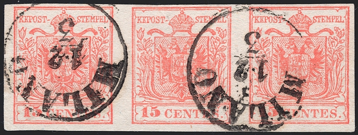 Österreich 1850 15 Centes FB Nr. 3 "rosarot" MP Type III 3er Streifen gestempelt MILANO