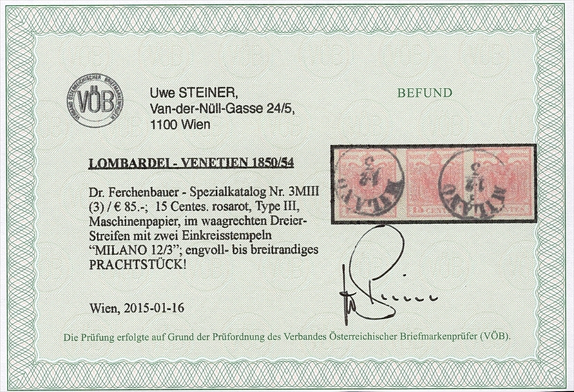 Österreich 1850 15 Centes FB Nr. 3 "rosarot" MP Type III 3er Streifen gestempelt MILANO – Bild 2