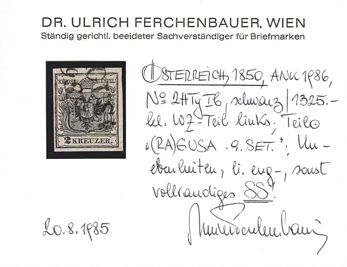 Österreich 1850 2 Kreuzer FB Nr. 2 HP Type Ib mit Teil-WZ gestempelt RAGUSA – Bild 2