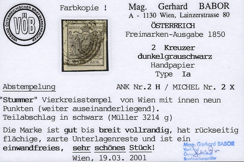 Österreich 1850 2 Kreuzer FB Nr. 2 "dunkelgrauschwarz" HP Type Ia gestempelt stummer Stempel WIEN – Bild 2