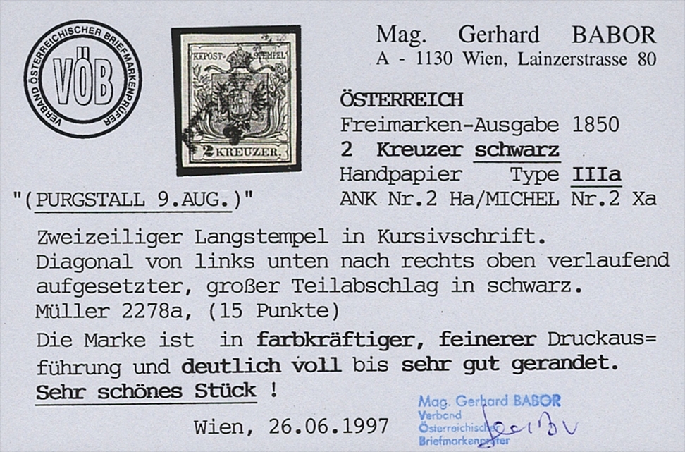 Österreich 1850 2 Kreuzer FB Nr. 2 "schwarz" HP Type IIIa gestempelt Langstempel PURGSTALL – Bild 2