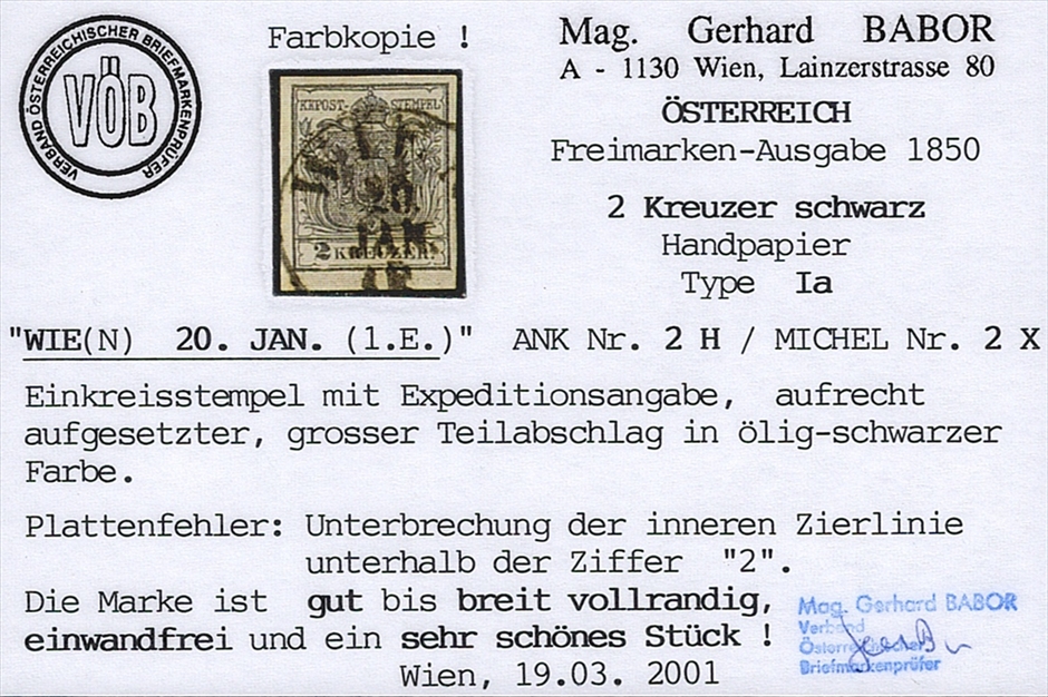 Österreich 1850 2 Kreuzer FB Nr. 2 "schwarz" HP Type Ia mit Plattenfehler gestempelt WIEN – Bild 2