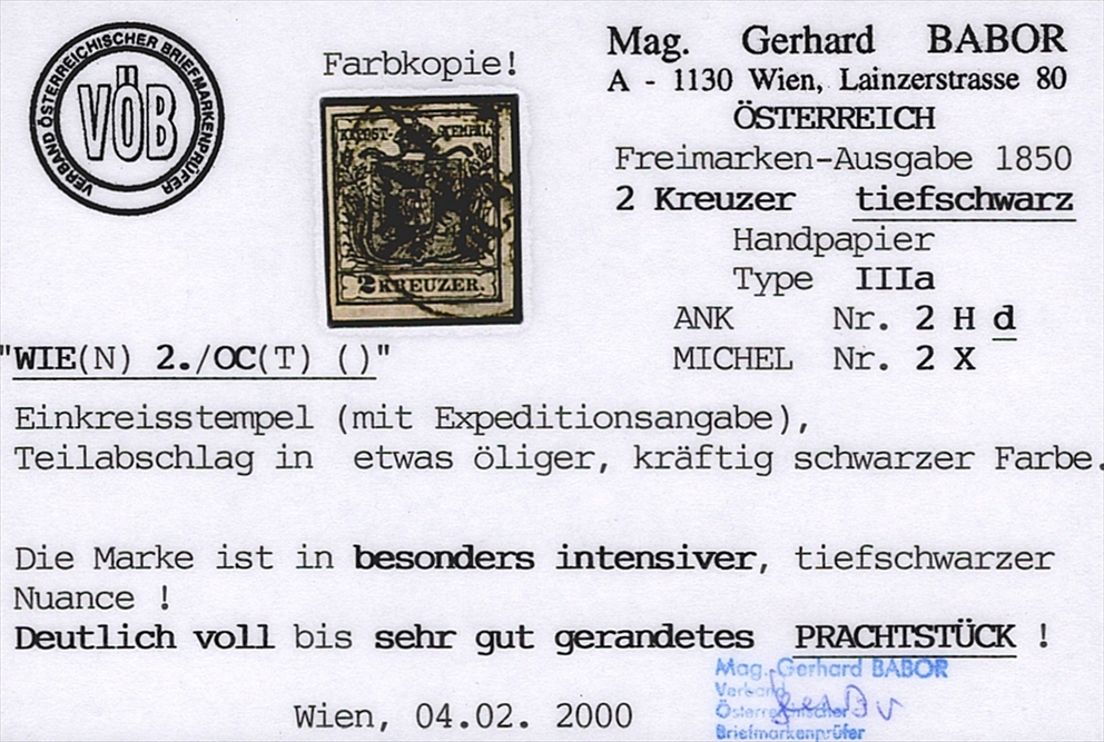 Österreich 1850 2 Kreuzer FB Nr. 2 "tiefschwarz" HP Type IIIa gestempelt WIEN – Bild 2