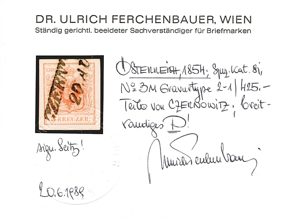 Österreich 1850 3 Kreuzer FB Nr. 3 MP Gravurtype 2-1 gestempelt CZERNOWITZ – Bild 2