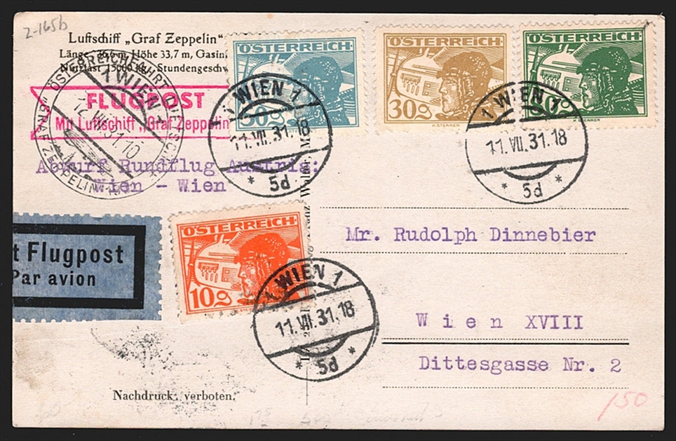 Österreich, Flugpost, Zeppelinpost, 1931, Wienfahrt, Abwurf Graz, Sonderstempel WIEN 1, Nr.199AI