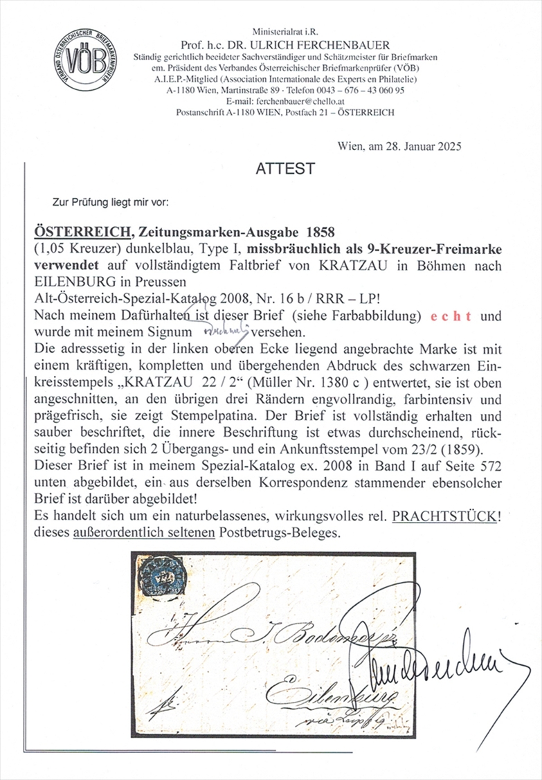 Österreich Zeitungsmarken 1858 1.05 Kreuzer missbräuchlich als 9 Kreuzer Freimarke verwendet - RRR ausserordentlich seltenes Prachtstück - für eine grosse Österreich Sammlung – Bild 4