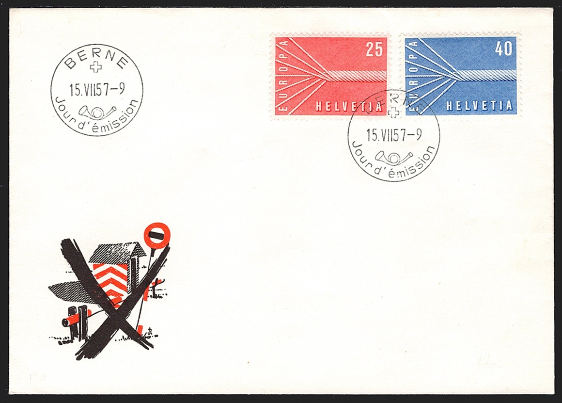 Schweiz FDC, Freimarken, 1957, Europamarken, Nr.332-333, illustrierter, unadressierter FDC, ET BERNE