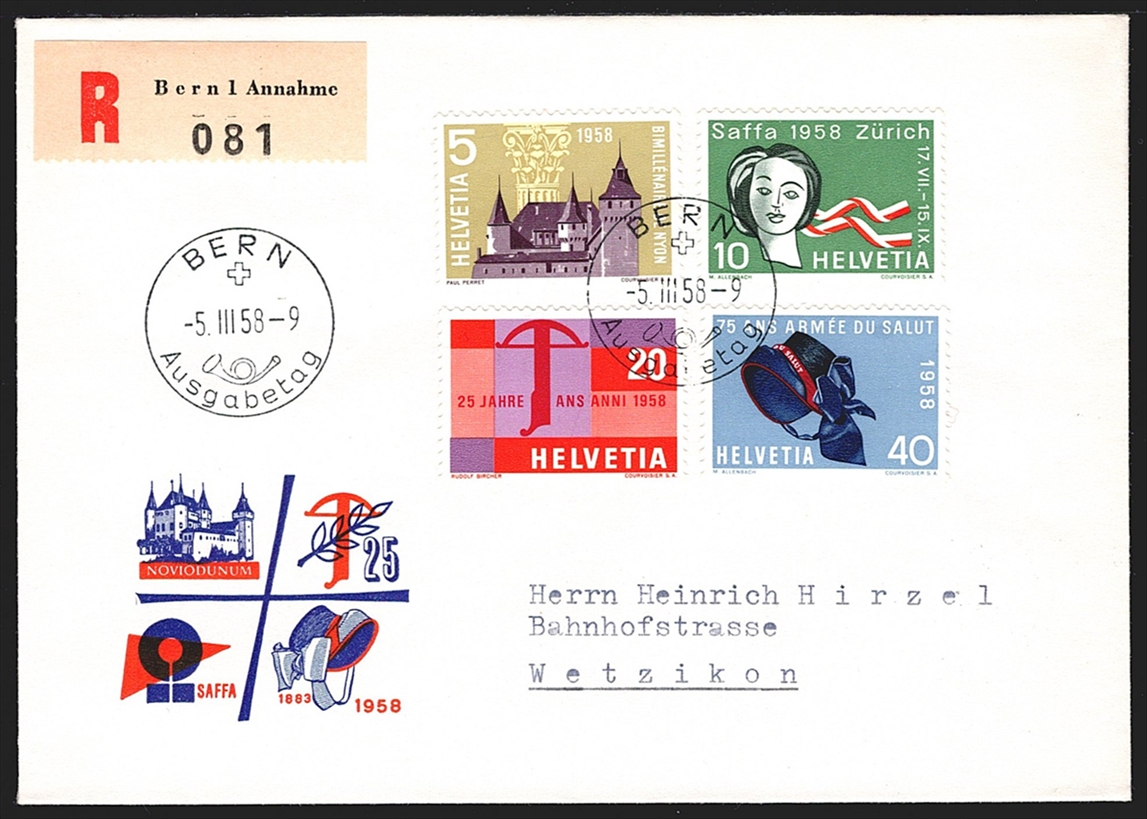 Schweiz FDC, Freimarken, 1958, Wernemarken, Nr.334-337, illustrierter R -FDC, ET BERN