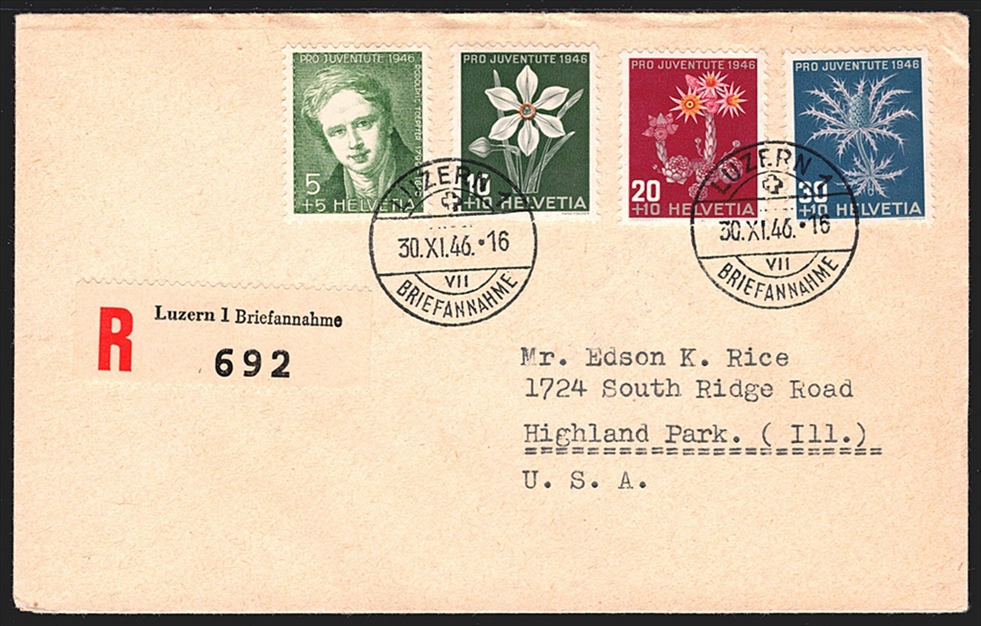 Schweiz FDC, Pro Juventute, 1946, komplette Serie, R-Brief nach USA