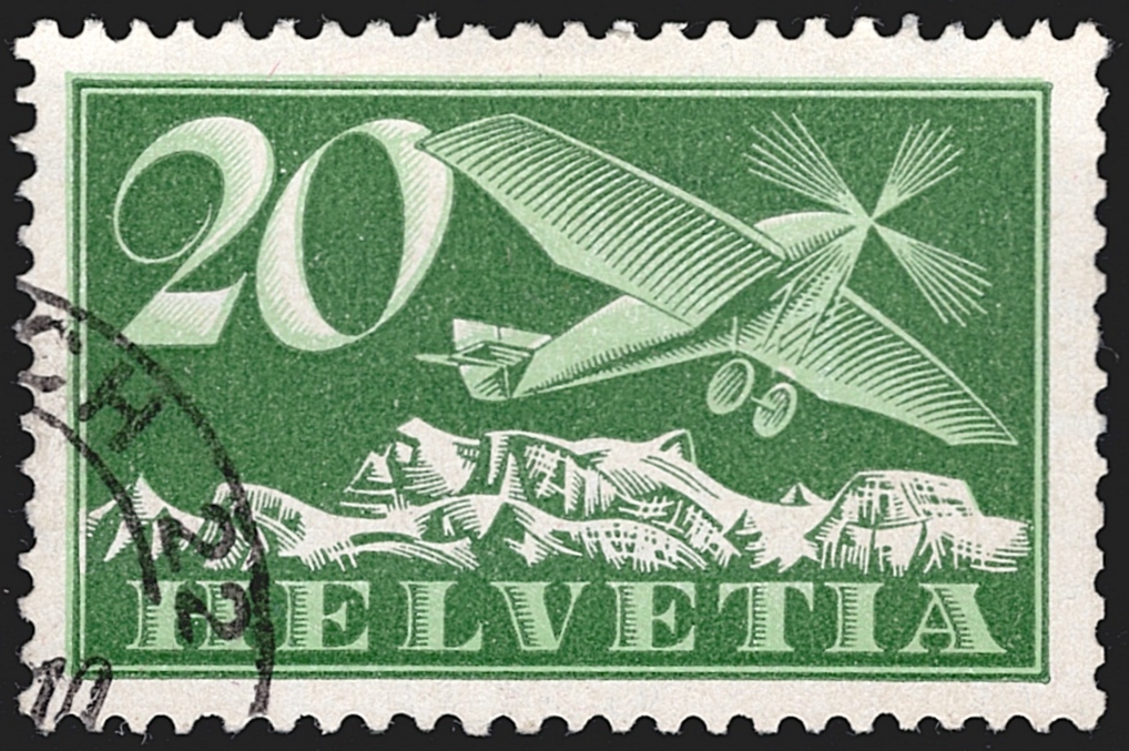 Schweiz, Flugpost, Nr.4y, 20Rp.grün, glattes Kreidepapier, sauber gestempelt