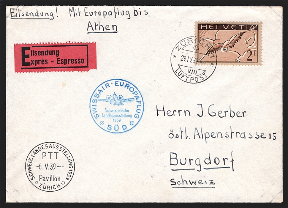 Schweiz, Flugpost, Sonderflüge, 1933 Swissair Europaflug Süd, Zürich Athen, SF 39.1b, Express-Brief