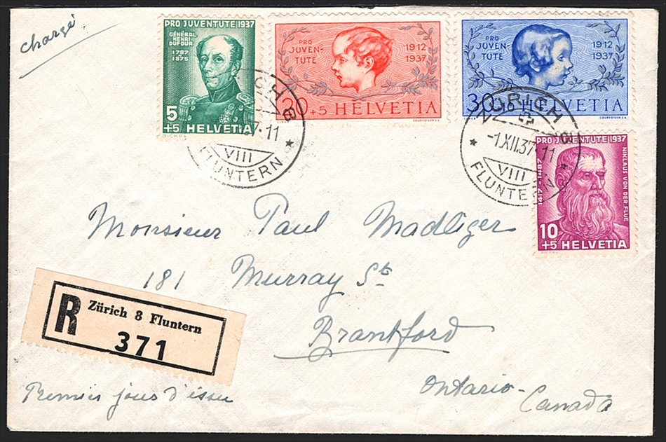 Schweiz Pro Juventute 1937 Serie SBK Nr. J81 bis J84 auf R-Brief nach CANADA gestempelt ZÜRICH Ersttag