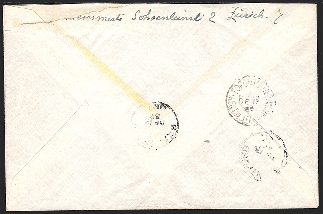 Schweiz Pro Juventute 1937 Serie SBK Nr. J81 bis J84 auf R-Brief nach CANADA gestempelt ZÜRICH Ersttag – Bild 2