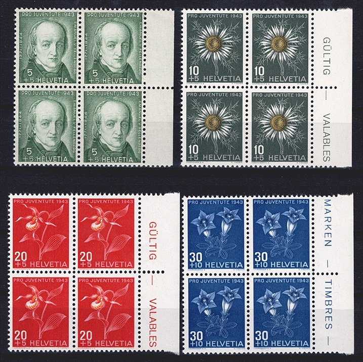 Schweiz, Pro Juventute, Nr.105-108, Blumen und Bildnis, komplette Serie, im Viererblock