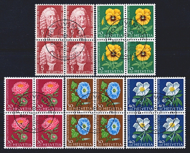 Schweiz, Pro Juventute, Nr.173-177, Blumen und Bildnis, komplette Serie im Viererblock, ET-Stempel