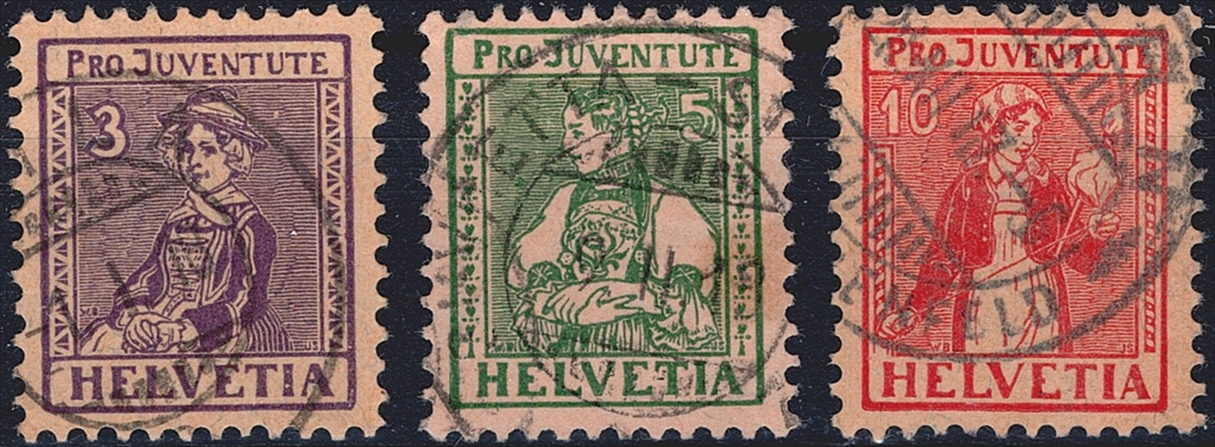 Schweiz, Pro Juventute, Nr.7-9, Trachtenbilder, komplette Serie, sauber gestempelt