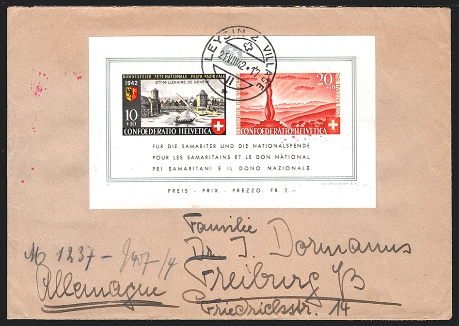 Schweiz Pro Patria 1942 Block 7 SBK Nr. B19 auf zensuriertem Brief nach FREIBURG