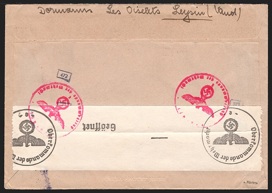 Schweiz Pro Patria 1942 Block 7 SBK Nr. B19 auf zensuriertem Brief nach FREIBURG – Bild 2