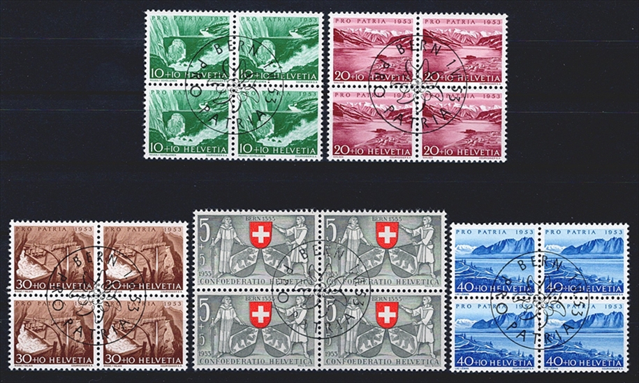 Schweiz, Pro Patria,Landschaften, Nr.61-65, komplette Serie im Viererblock, ET gestempelt