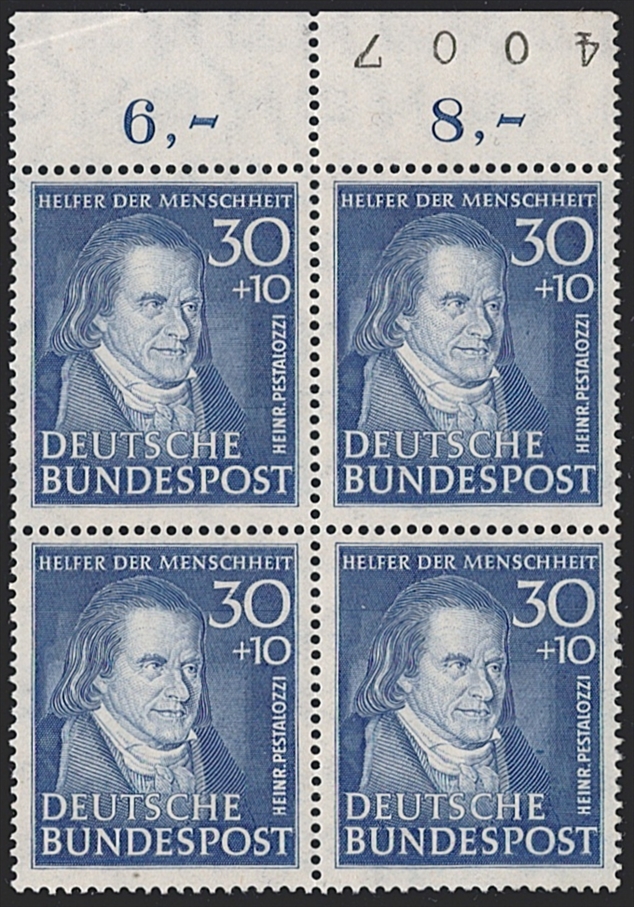 BRD 1951 Mi. Nr. 146 "Wohlfahrt: Helfer der Menschheit II" 4er Block postfrisch ** mit Bogenrand und Bogennummer