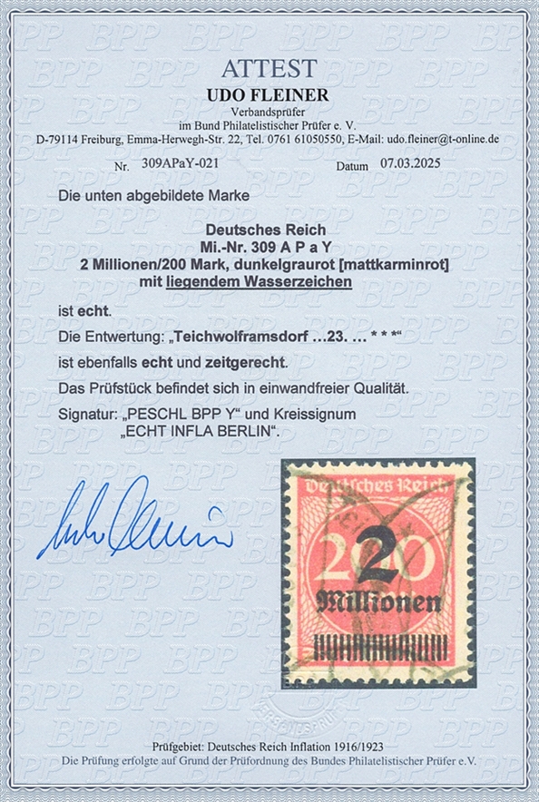 Deutsches Reich 1923 Mi Nr. 309 A P a Y "Hochinflation" mit liegendem Wasserzeichen - gestempelt TEICHWOLFRAMSDORF – Bild 2