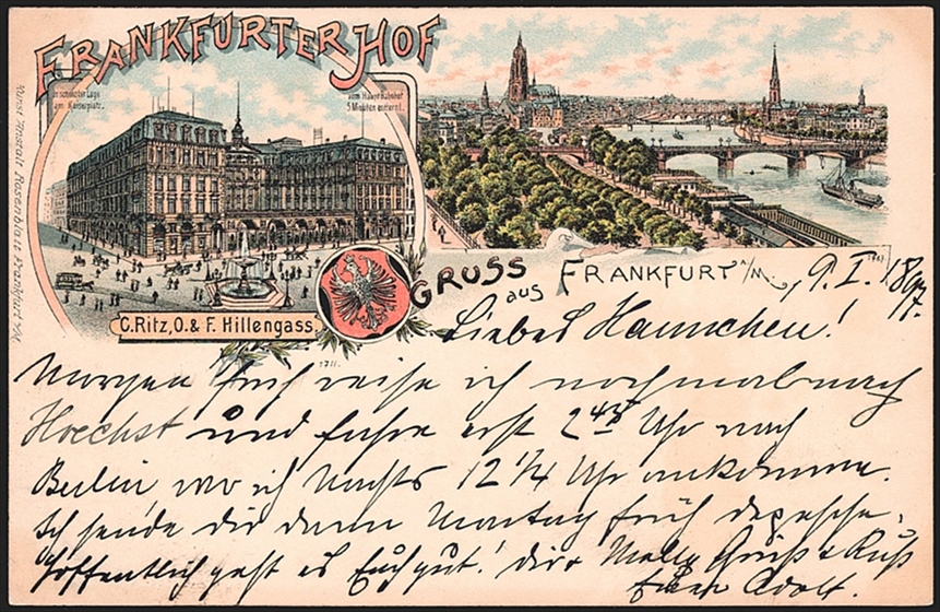Deutschland, Lithographien, Gruss aus FRANKFURT FRANKFURTER-HOF, 2 Bilder, 1897