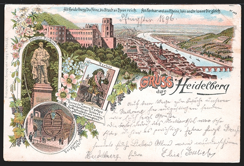 Deutschland, Lithographien, Gruss aus HEIDELBERG, 4 Bilder, 1896