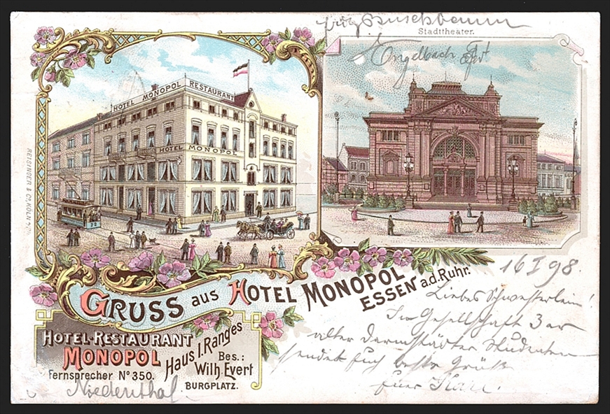 Deutschland, Lithographien, Gruss aus HOTEL MONOPOL ESSEN, 2 Bilder, 1898, MINIM tIPPEX