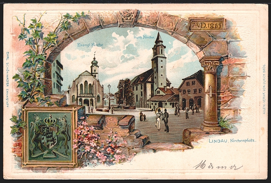 Deutschland, Lithographien, Gruss aus LINDAU, 2 Bilder, 1906, Prägedruck