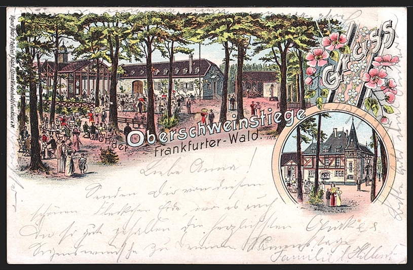 Deutschland, Lithographien, Gruss von der OBERSCHWEINSTIEGE FRANKFURT, 2 Bilder, 1897