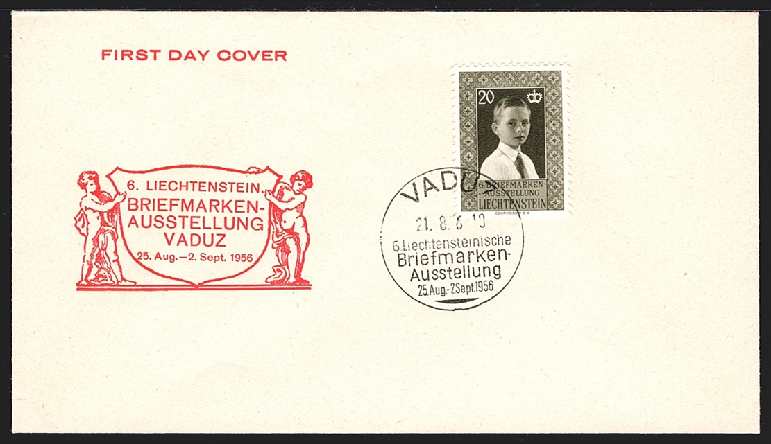 Liechtenstein, FDC, Freimarken, Briefmarkenausstellung, Nr.296, gestempelt VADUZ, illustrierter, unadressierter FDC, US-Format