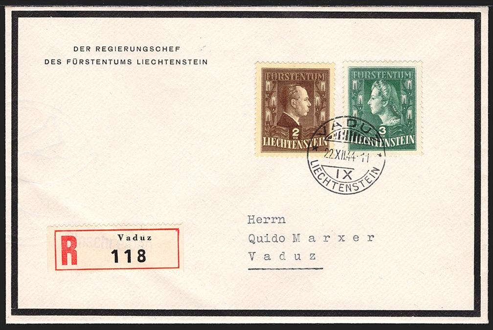 Liechtenstein, FDC, Freimarken, Fürstenpaar, Nr.202-203, gestempelt VADUZ, R-Trauer-FDC nach Vaduz