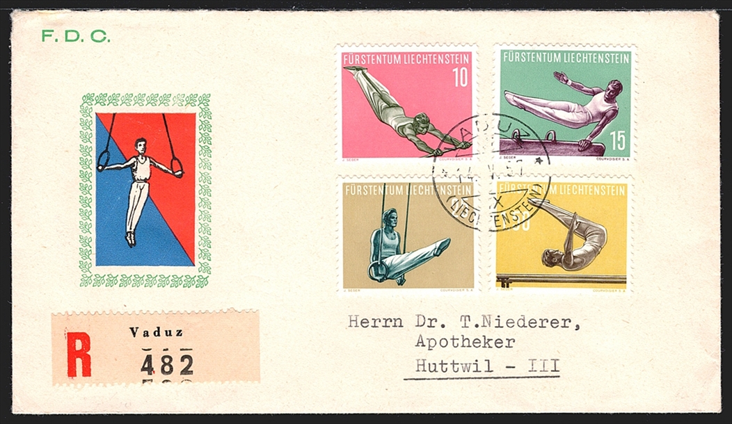 Liechtenstein, FDC, Freimarken, Sport, Nr.297-300, komplette Serie, gestempelt VADUZ, illustrierter R-FDC nach Nussbaumen, US-Format