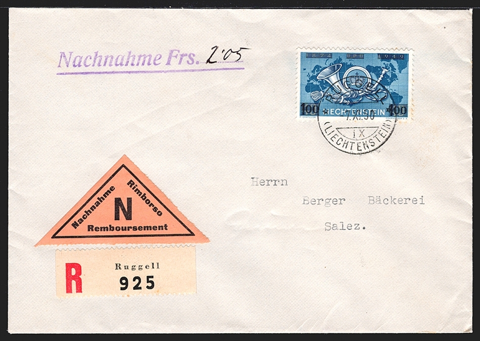 Liechtenstein, FDC, Freimarken, UPU, Nr.235, gestempelt RUGGELL, Nachnahme-FDC nach Salez