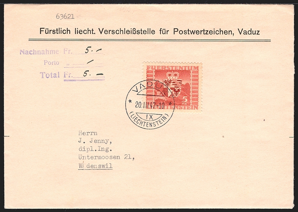 Liechtenstein, FDC, Freimarken, Wappen, Nr.205, gestempelt VADUZ, Nachnahme-FDC nach Wädenswil