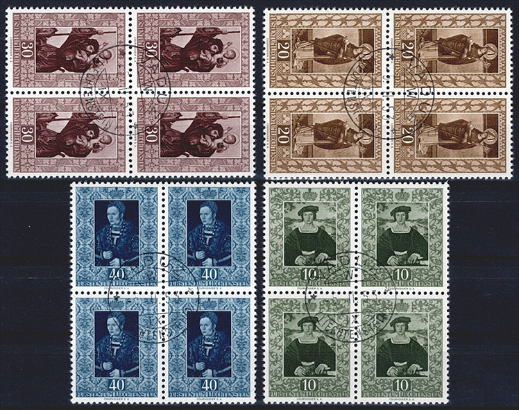 Liechtenstein, Freimarken, Gemälde, Nr.255-258, komplette Serie, im Viererblock, gestempelt VADUZ