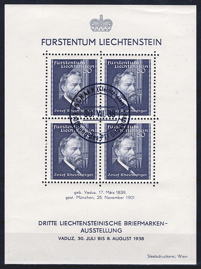 Liechtenstein, Freimarken, Rheinberger-Block, Sonderstempel