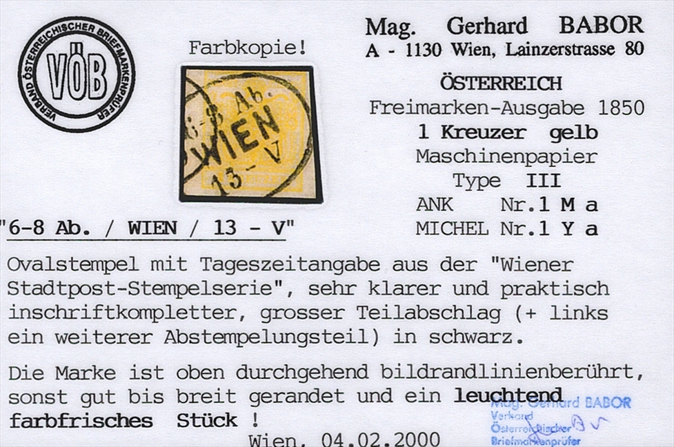 Österreich 1850 1 Kreuzer FB Nr. 1 "gelb" MP Type III gestempelt WIEN – Bild 2