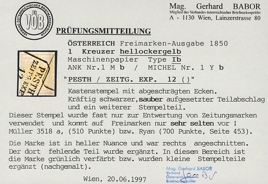 Österreich 1850 1 Kreuzer FB Nr. 1 "hellockergelb" MP Type Ib gestempelt mit sehr seltenem PESTH ZEITG. EXP. Stempel – Bild 2