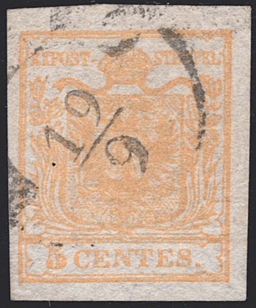 Österreich 1850 5 Centes FB Nr. 1 "gelbocker" HP Type I mit zweiteiligem doppelseitigem Druck - gestempelt MILANO