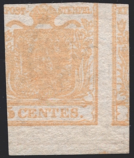 Österreich 1850 5 Centes FB Nr. 1 "gelbocker" HP Type I mit zweiteiligem doppelseitigem Druck - gestempelt MILANO – Bild 2