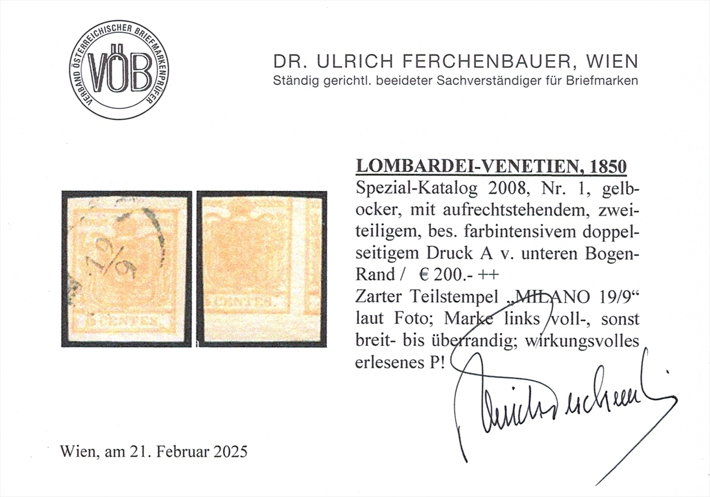 Österreich 1850 5 Centes FB Nr. 1 "gelbocker" HP Type I mit zweiteiligem doppelseitigem Druck - gestempelt MILANO – Bild 3