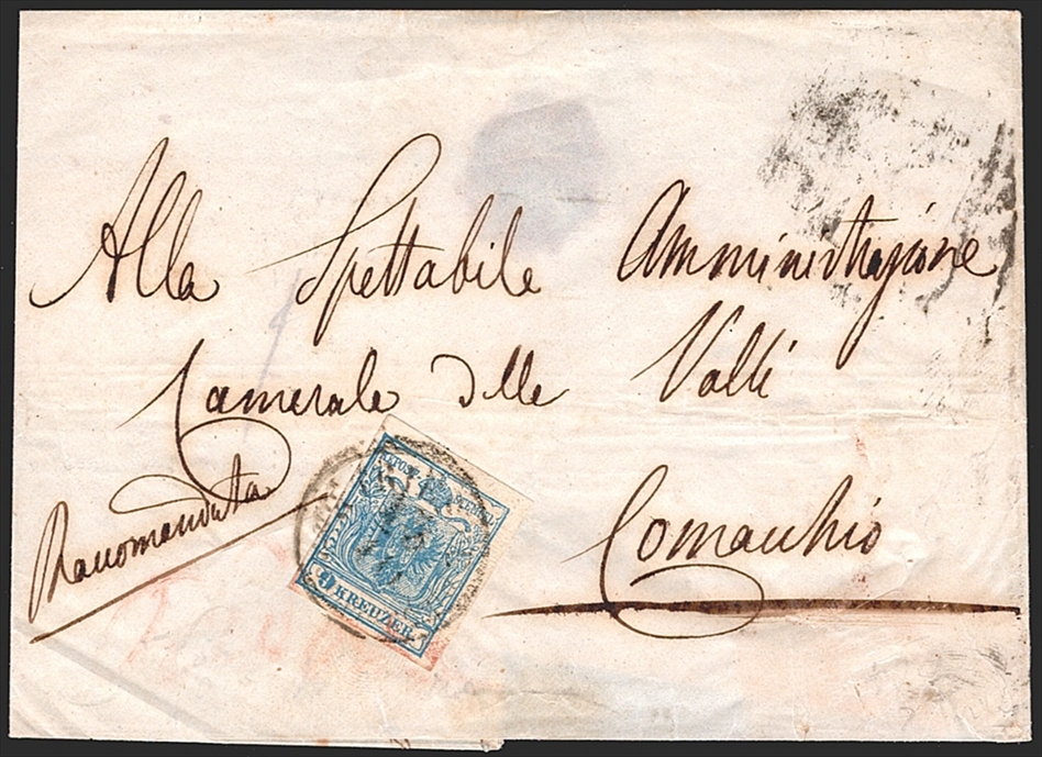 Österreich 1850 9 Kreuzer FB Nr. 5 "blau" MP Type IIIb auf desinfiziertem Brief nach Comacchio gestempelt TRIEST