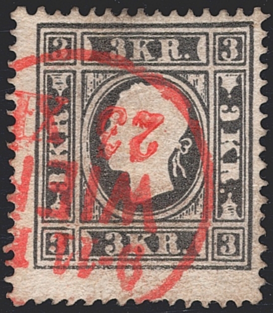 Österreich 1858 3 Kreuzer ANK Nr. 11 Ib "schwarz" mit rotem Stempel WIEN