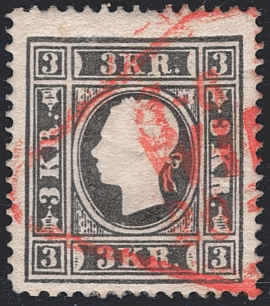 Österreich 1858 3 Kreuzer ANK Nr. 11 Ib "schwarz" mit rotem diamantförmigen Stempel WIEN